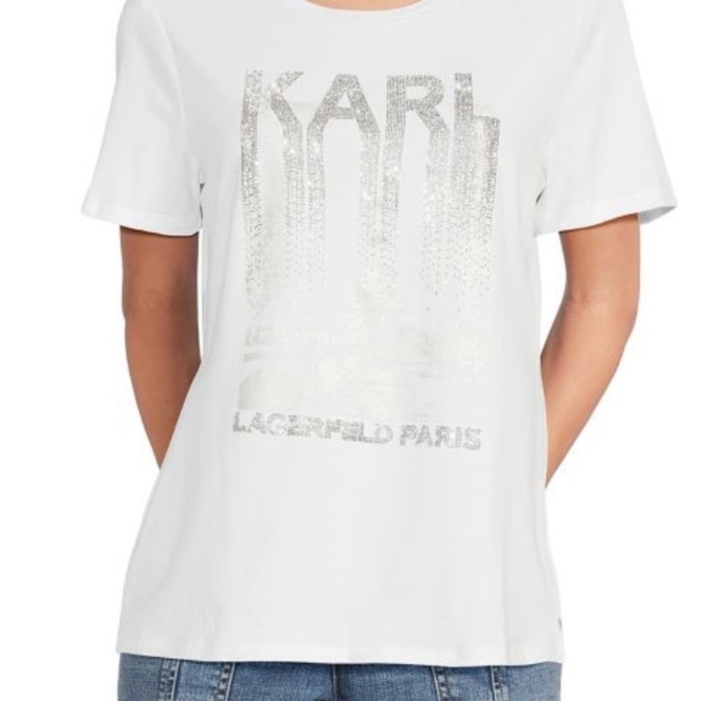 Karl Lagerfeld Paris White Tee with Silver Accents